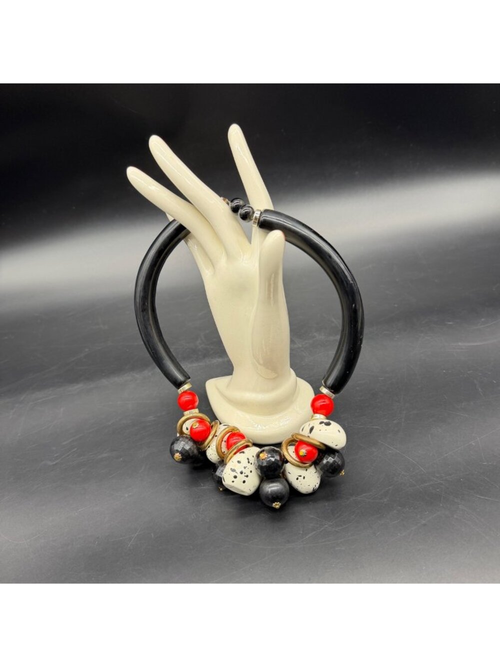 Chunky Plastic Beaded Choker Necklace 1980s Black White Red Statement Vintage
